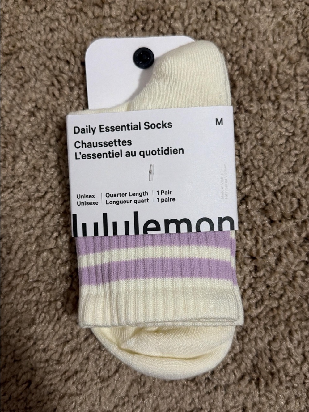 lululemon athletica Cream Quarter Socks with Lavender Stripes